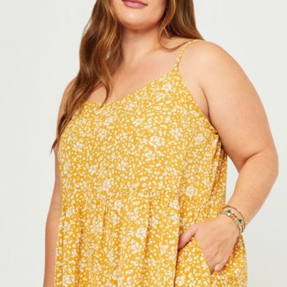 Hayden Plus Size Mustard Plus Floral Ruffle Tiered Sleeveless Dress 1X - 3X - Picture 2 of 5